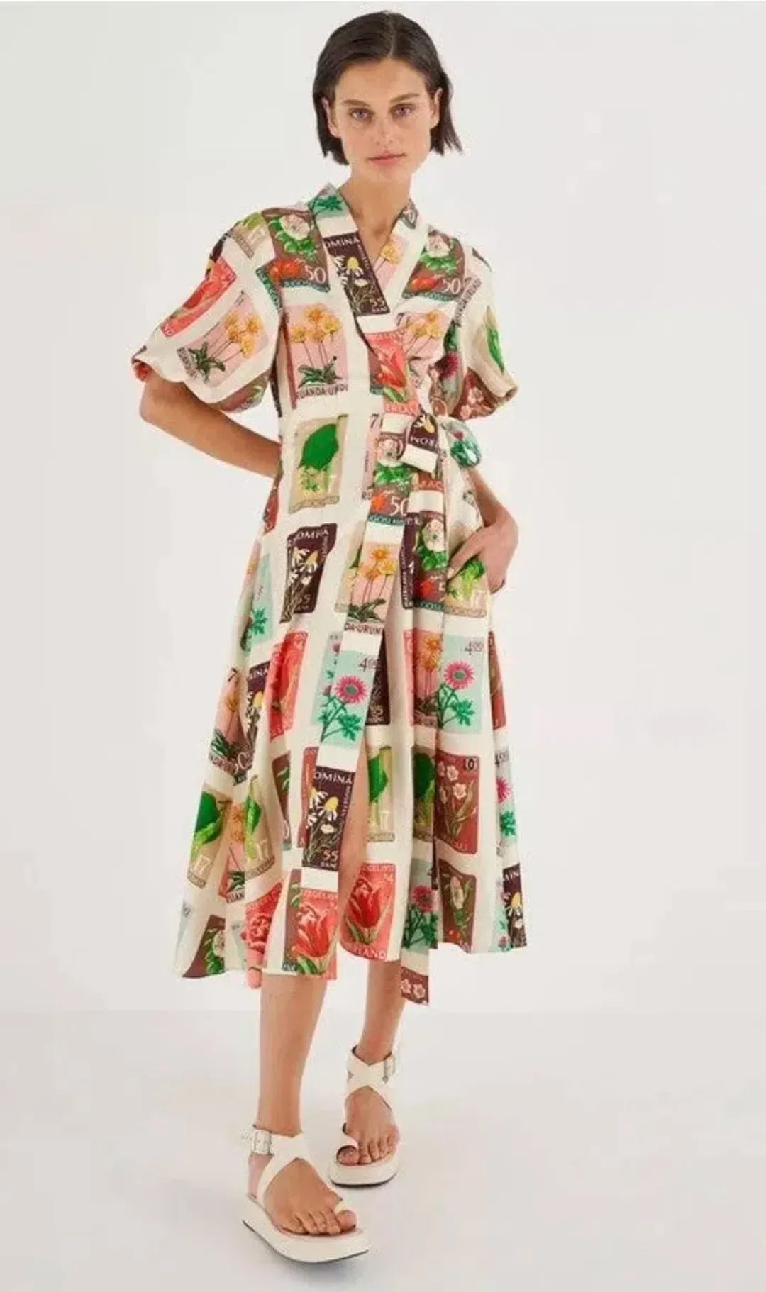 Oroton Stamp Wrap Midi Dress Multi Size 16 for rent on The Volte - main image