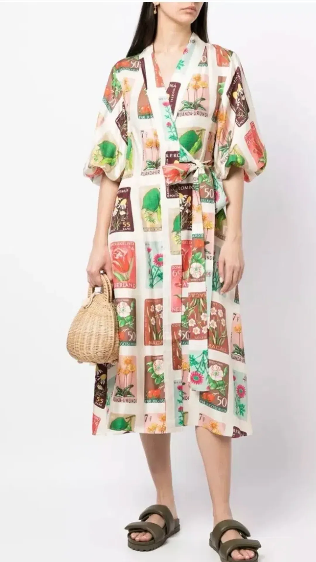 Oroton Stamp Wrap Midi Dress Multi Size 16 for rent on The Volte - main image