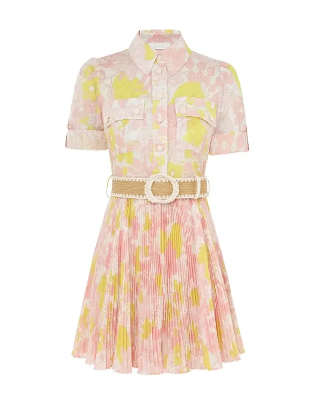 Zimmermann Size 1  Pop Pleated Mini Dress Pink/Yellow Floral Size 10 for rent on The Volte - main image