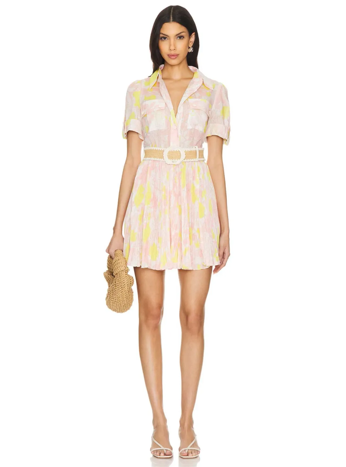 Zimmermann Size 1  Pop Pleated Mini Dress Pink/Yellow Floral Size 10 for rent on The Volte - main image