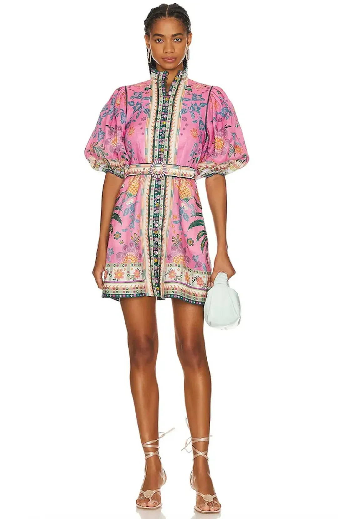  Zimmermann Ginger Buttoned Mini Dress Pink Multi Size 0/Au 8  for rent on The Volte - main image