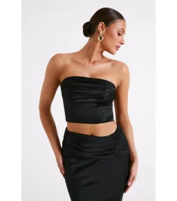 Meshki Khalani Ruched Strapless Satin Top and Skirt Set Black Size AU 8 for rent on The Volte - image 2