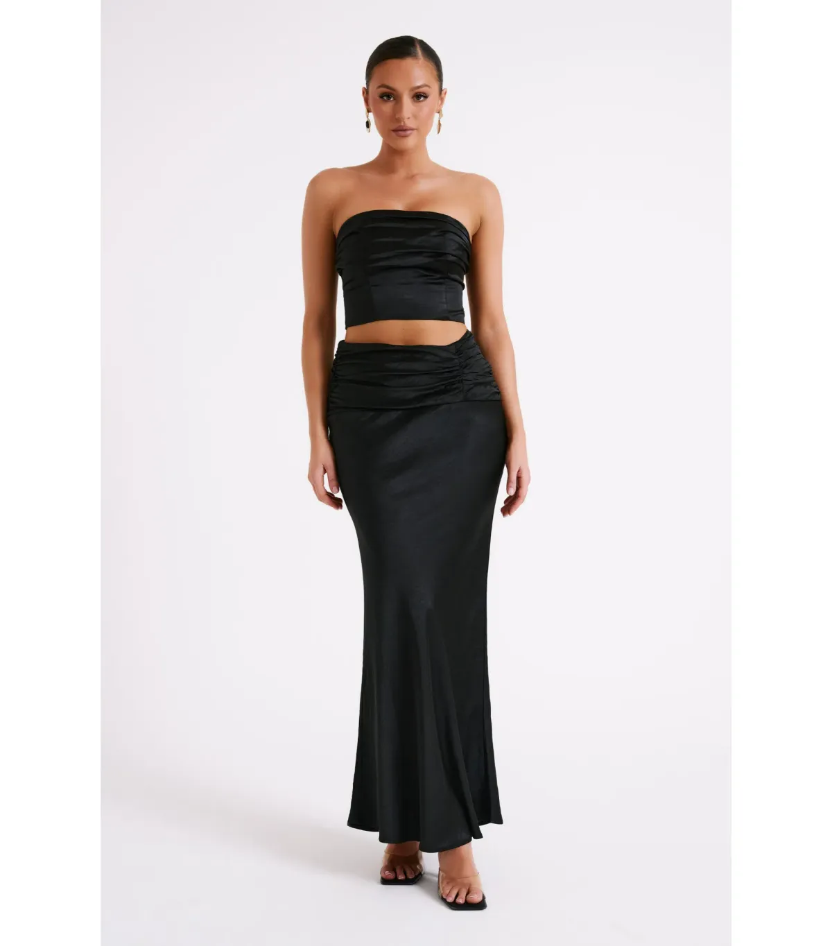 Meshki Khalani Ruched Strapless Satin Top and Skirt Set Black Size AU 8 for rent on The Volte - main image