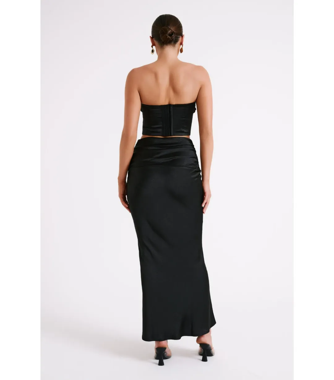 Meshki Khalani Ruched Strapless Satin Top and Skirt Set Black Size AU 8 for rent on The Volte - main image