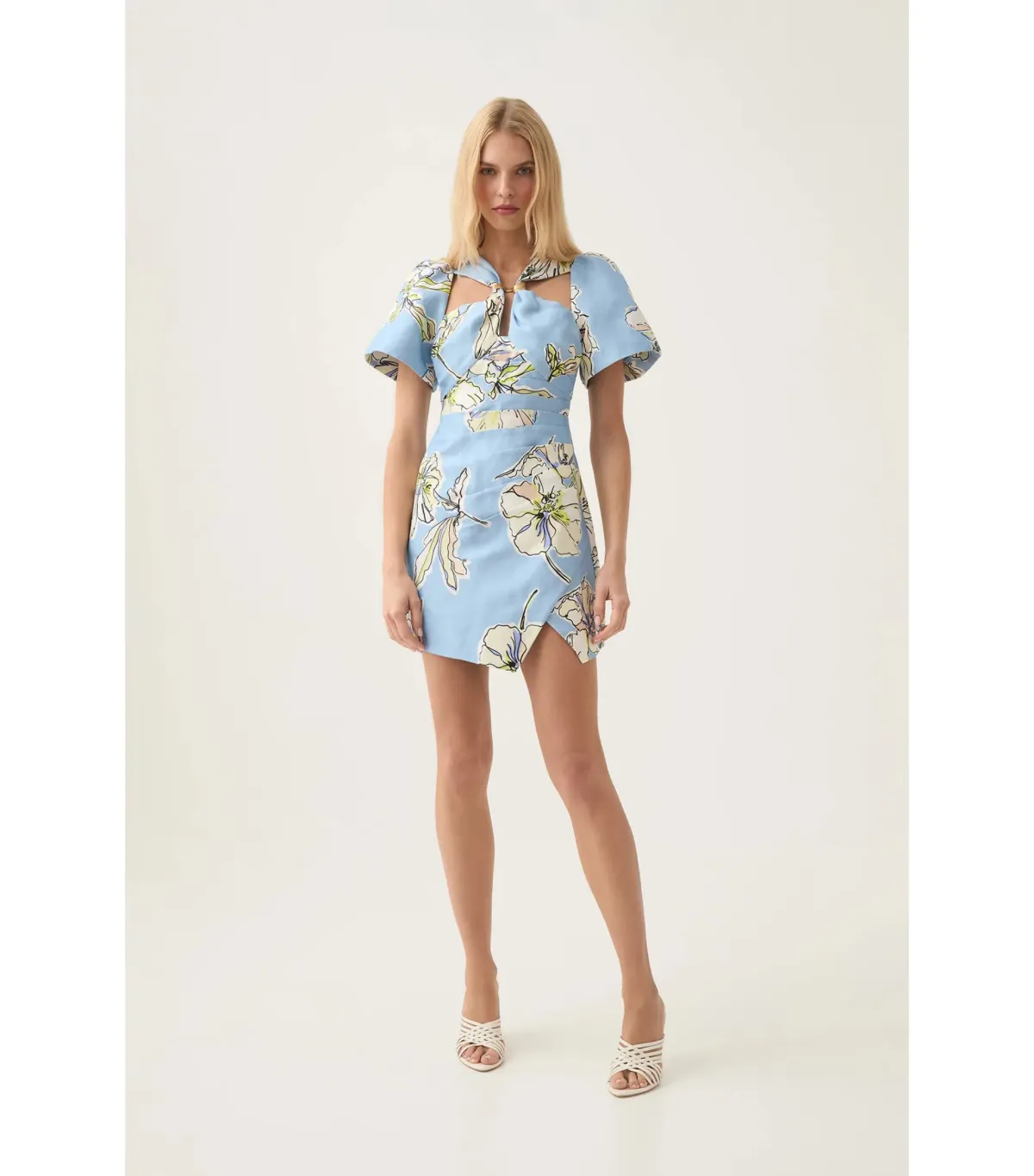 Aje Presence Twisted Mini Dress in Blue Hibiscus Size AU 8 for rent on The Volte - main image