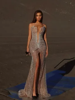 Albina Dyla Pearl Beaded Deep V Gown for rent on The Volte - image 2
