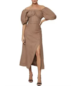 Rachel Gilbert Capri Off The Shoulder Puff Sleeve Midi Dress Beige Size AU 6 for rent on The Volte - image 1
