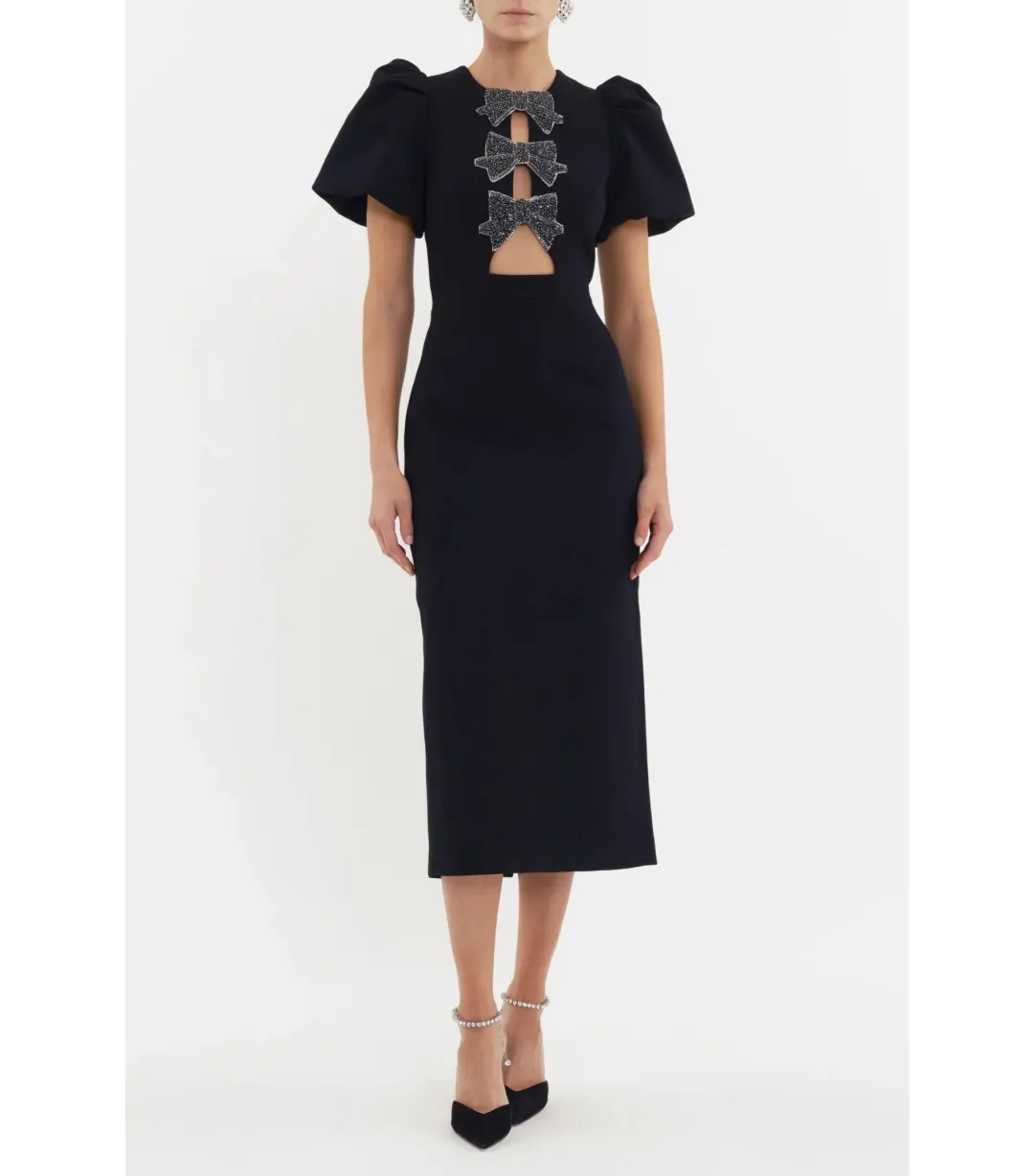 Rebecca Vallance Eliana Puff Sleeve Midi Dress Black Size AU 12  for rent on The Volte - main image