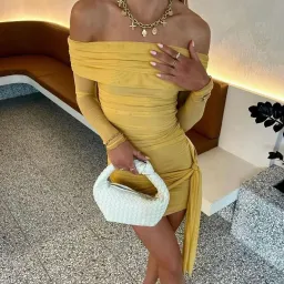 BENNI Yasmin Off Shoulder Mini Dress in Mustard Yellow Size 10 for rent on The Volte - image 4