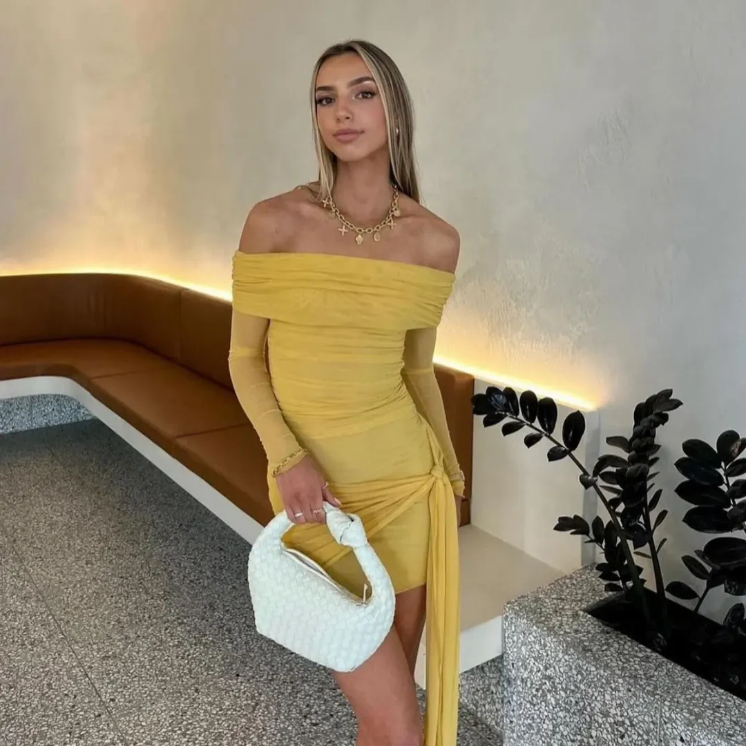 BENNI Yasmin Off Shoulder Mini Dress in Mustard Yellow Size 10 for rent on The Volte - main image