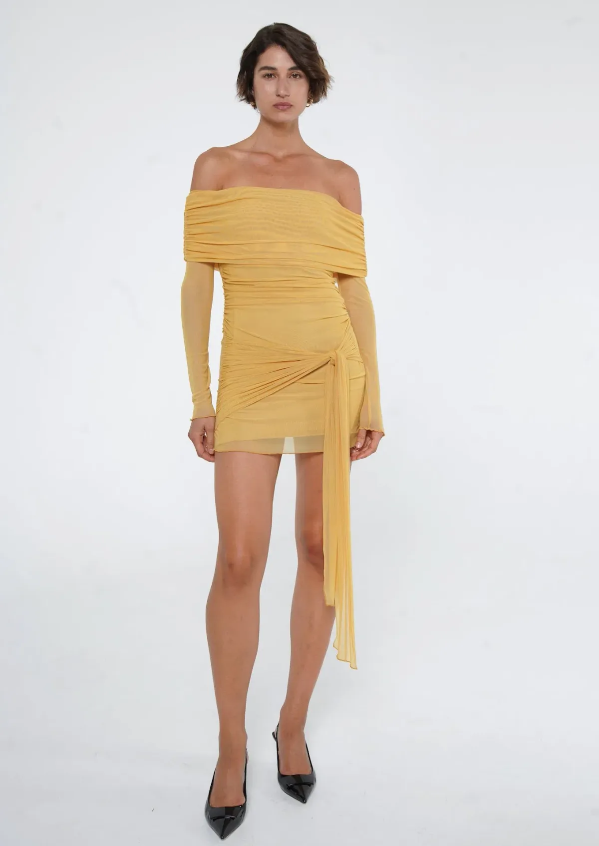 BENNI Yasmin Off Shoulder Mini Dress in Mustard Yellow Size 10 for rent on The Volte - main image