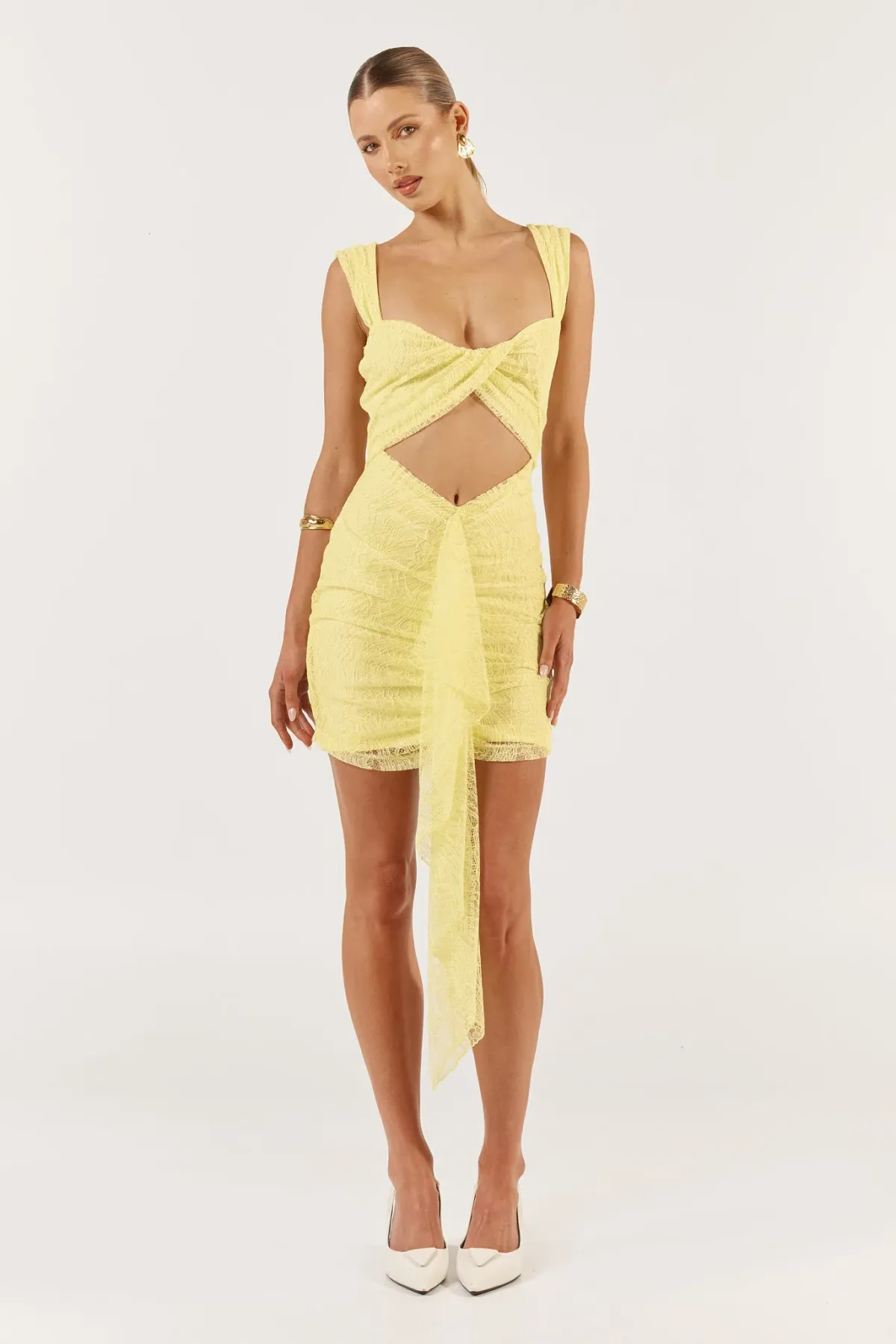 She is Olla Imogen Lace Mini Dress in Lemon Chello Size S / AU 8 for rent on The Volte - main image