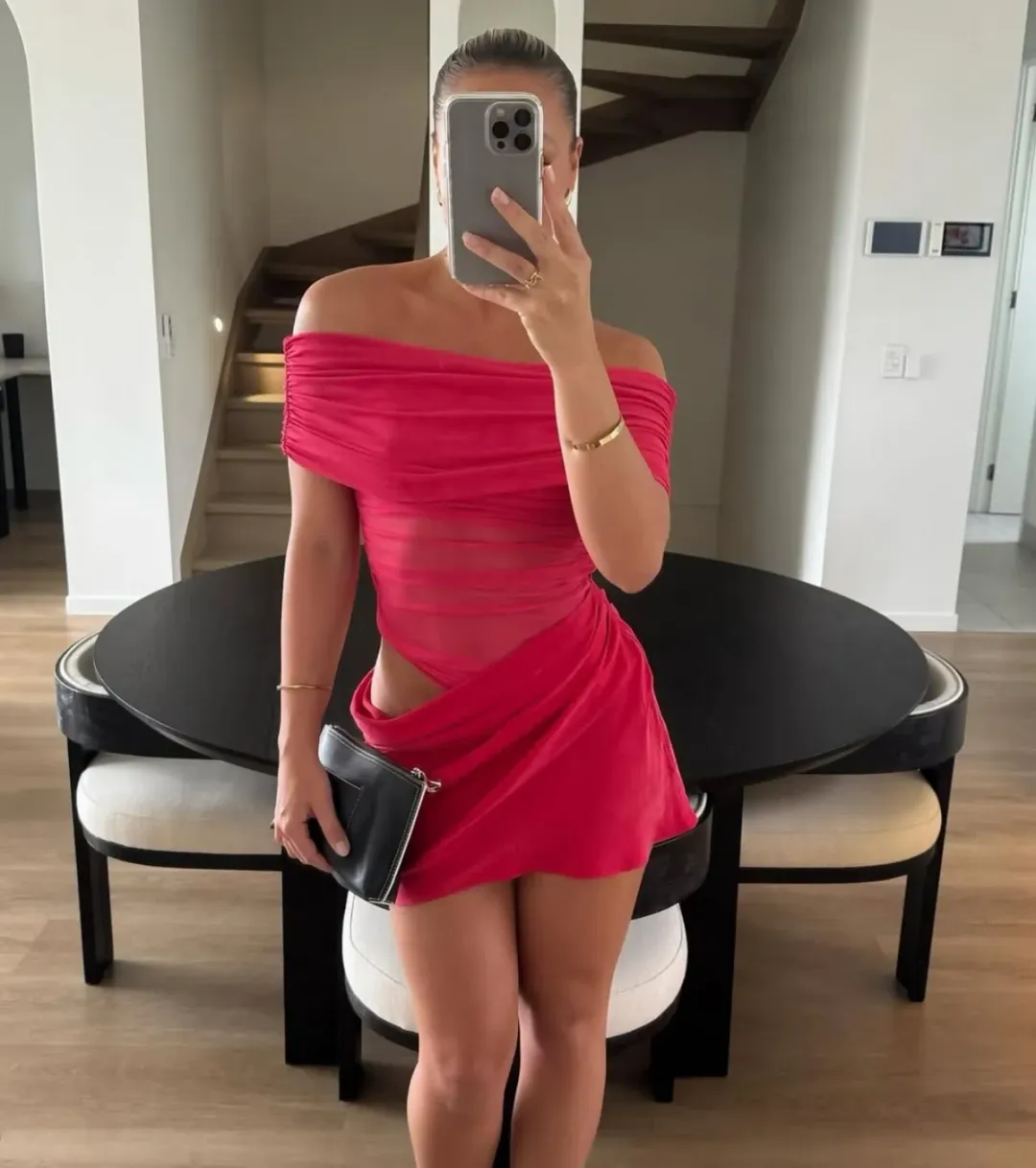 Benni Nico Off Shoulder Mini Dress in Watermelon Size 8 for rent on The Volte - main image