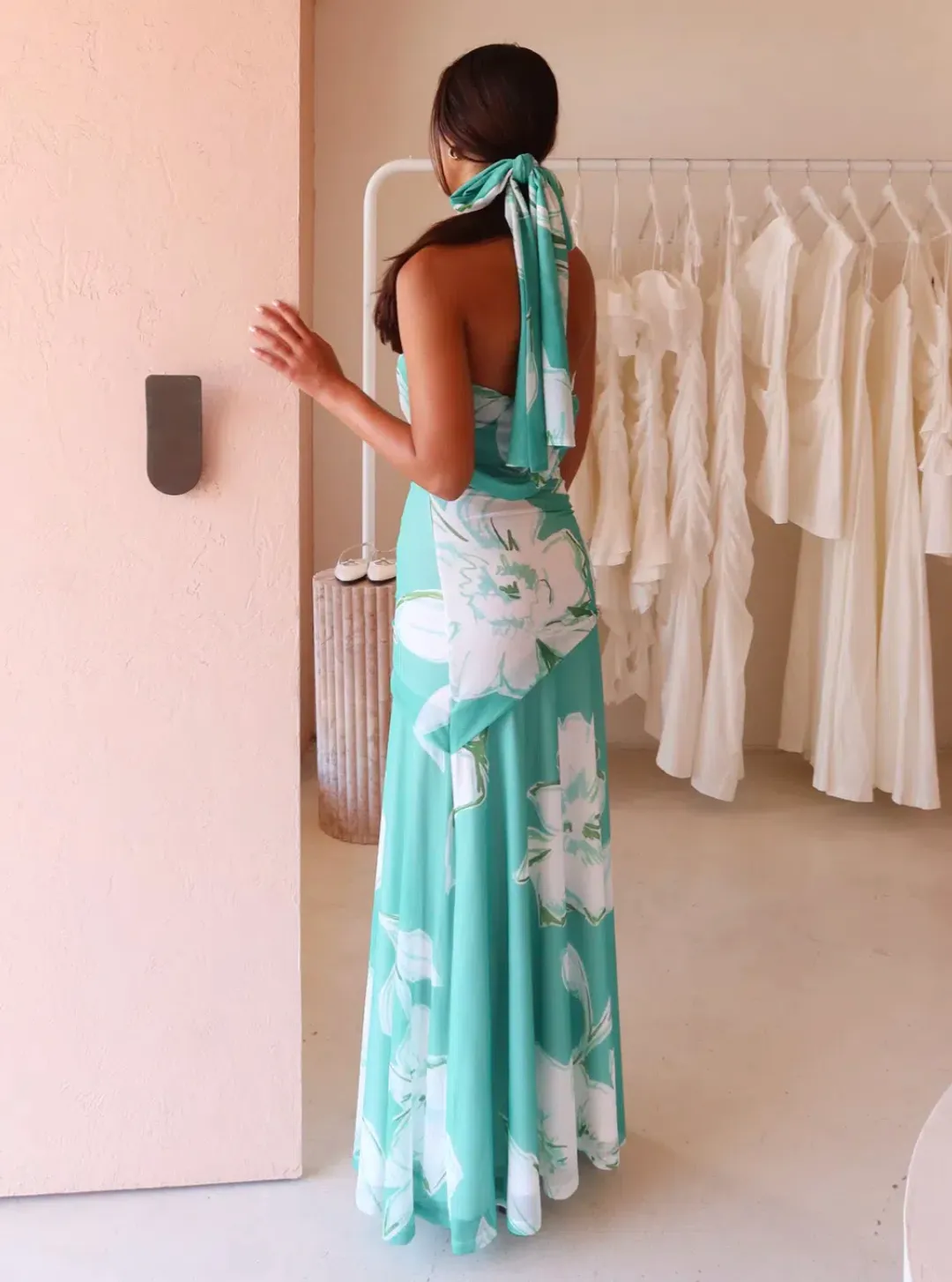 By Nicola Fiesta Off Shoulder Maxi Dress Verde Fleur Size S / AU 8  for rent on The Volte - main image