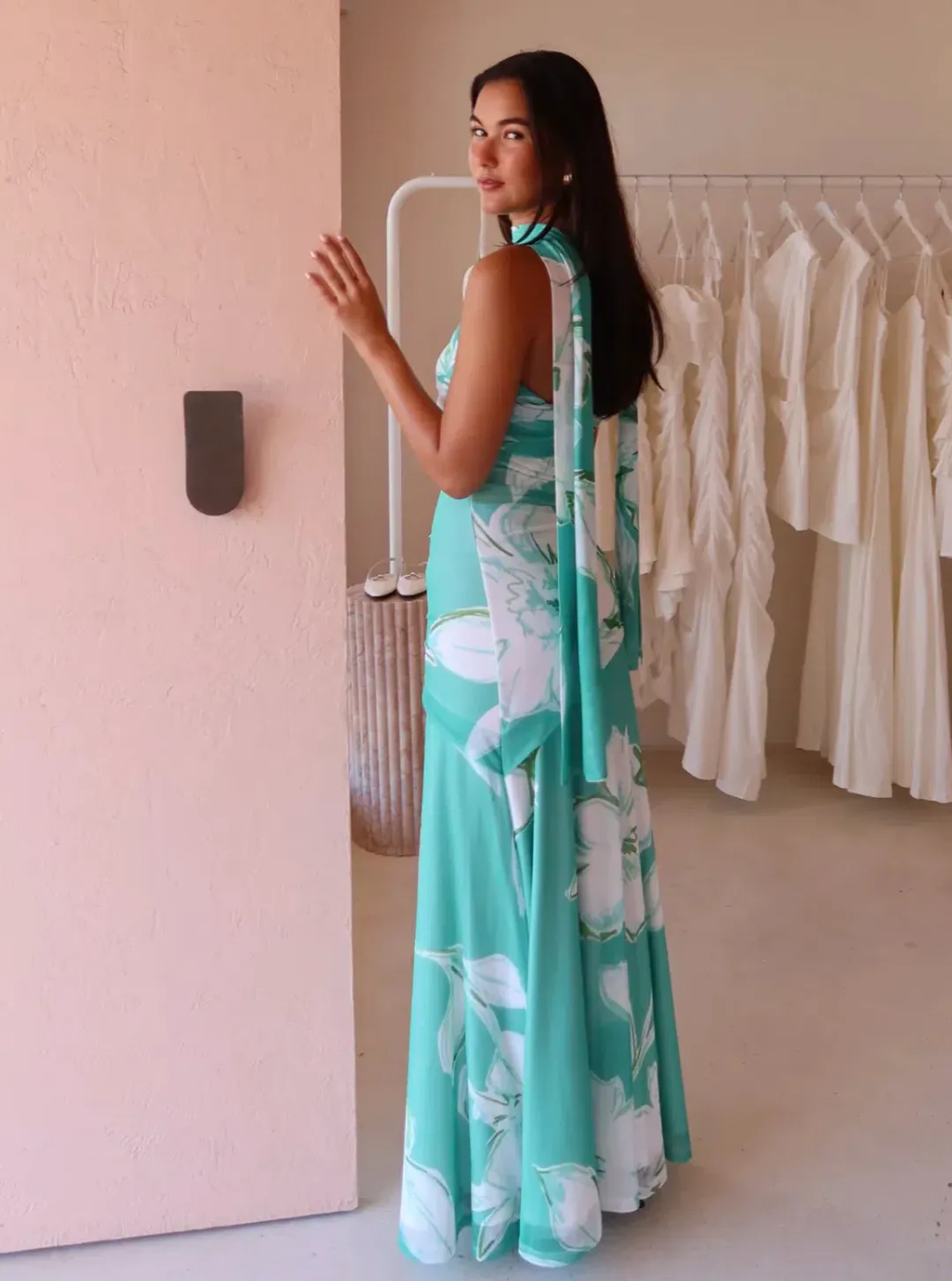 By Nicola Fiesta Off Shoulder Maxi Dress Verde Fleur Size S / AU 8  for rent on The Volte - main image