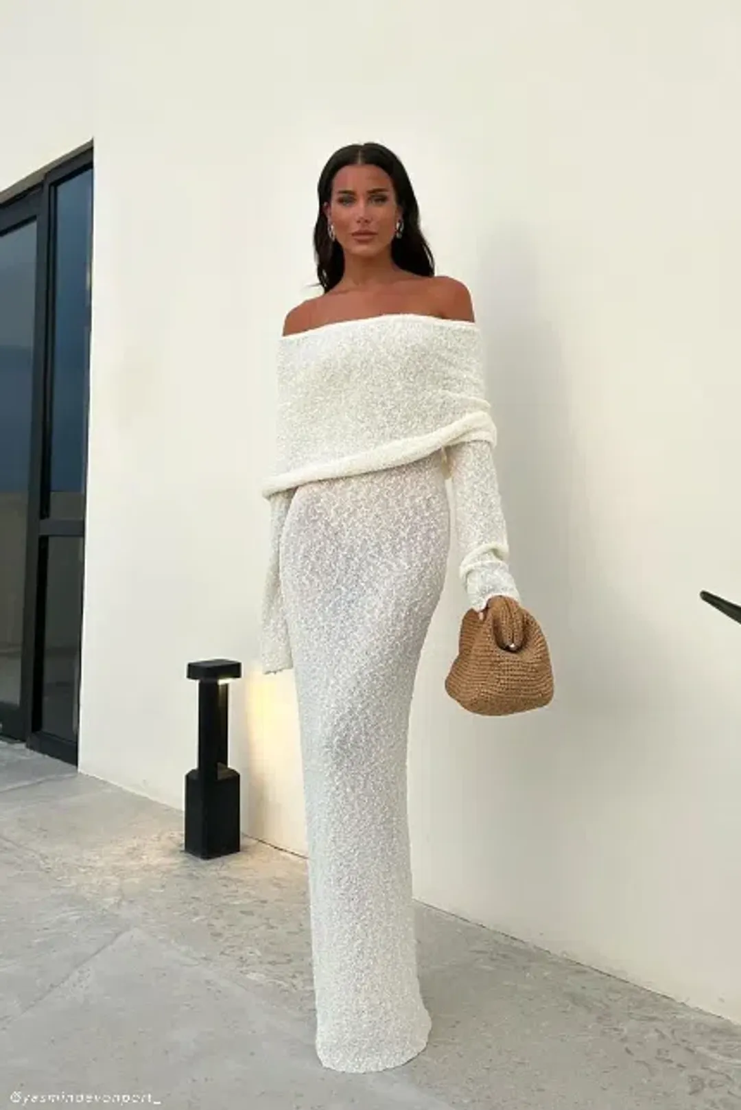 Meshki Marisol Off Shoulder Boucle Maxi Dress in Ivory Size S / AU 8 for rent on The Volte - main image