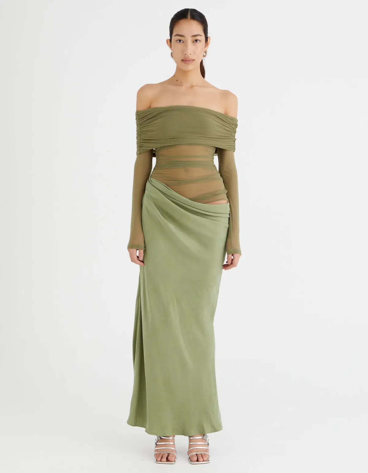 Benni Yasmin Off Shoulder Maxi Dress in Pistachio Size AU 10 for rent on The Volte - main image