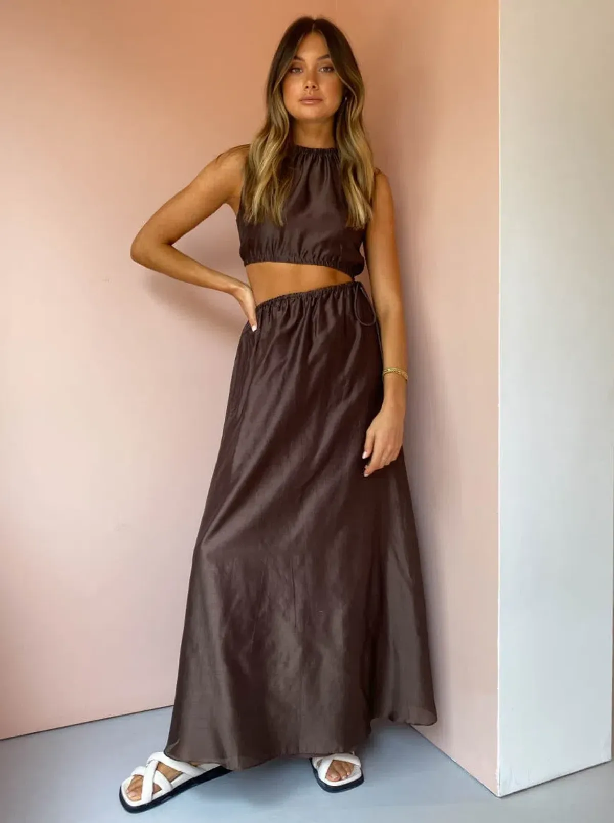 Sir the Label Anje Asymmetrical Cut Out Dress in Chocolate Size 2 / AU 10 for rent on The Volte - main image