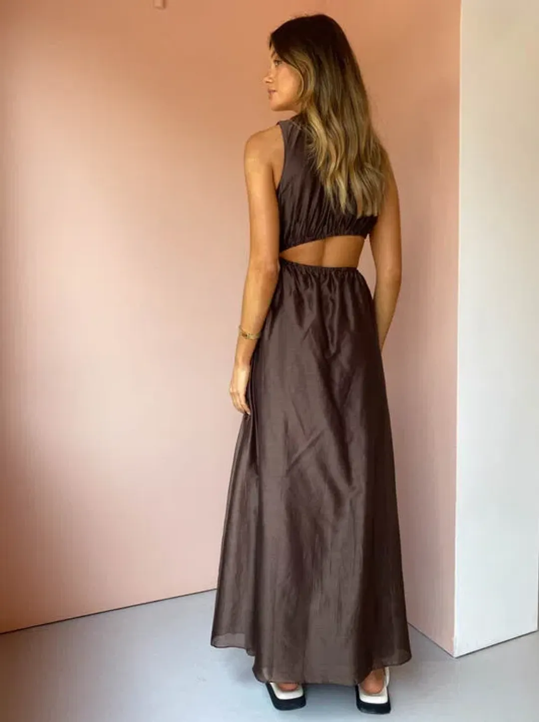 Sir the Label Anje Asymmetrical Cut Out Dress in Chocolate Size 2 / AU 10 for rent on The Volte - main image