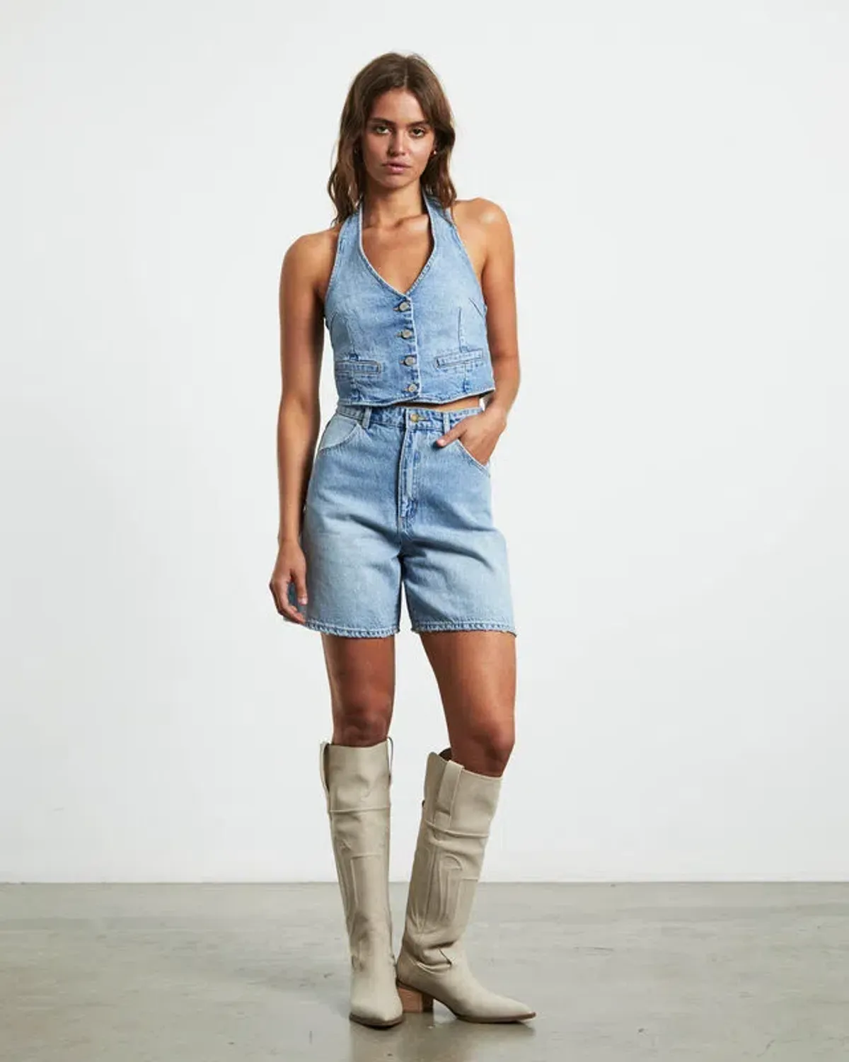Rollas Halter Denim Vest Basette Blue Size M / AU 10  for rent on The Volte - main image