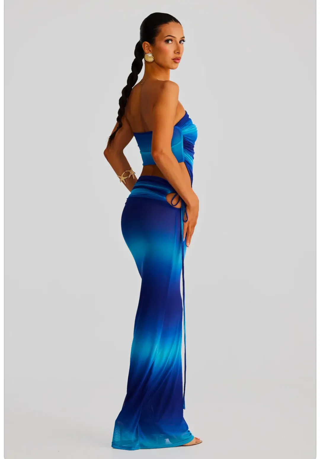 Melani The Label Elia Strapless Gathered Mesh Top and Valetta Mesh Gathered Skirt Blue Ombre Size 8 for rent on The Volte - main image