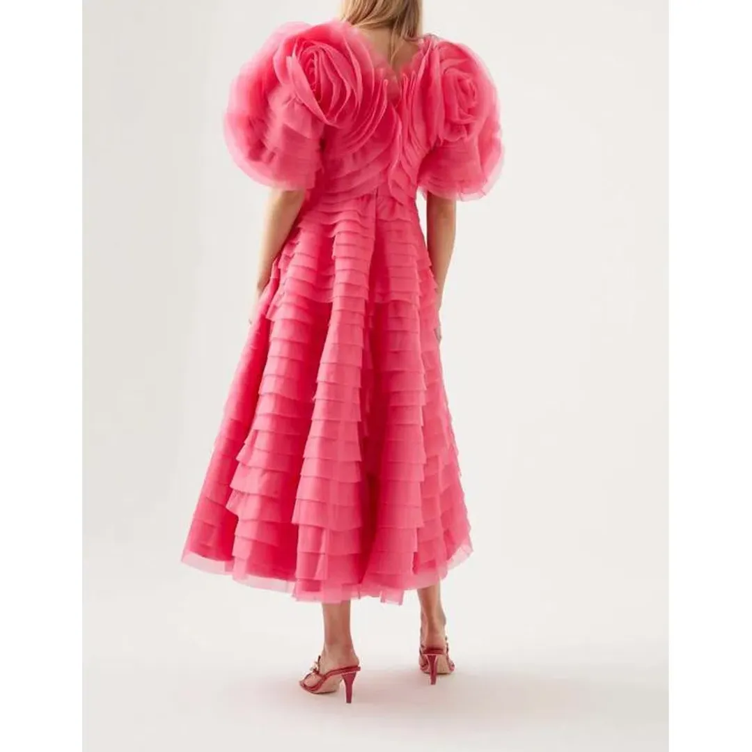 Aje Amour Ruffle Midi Dress Pink Size 4 for rent on The Volte - main image