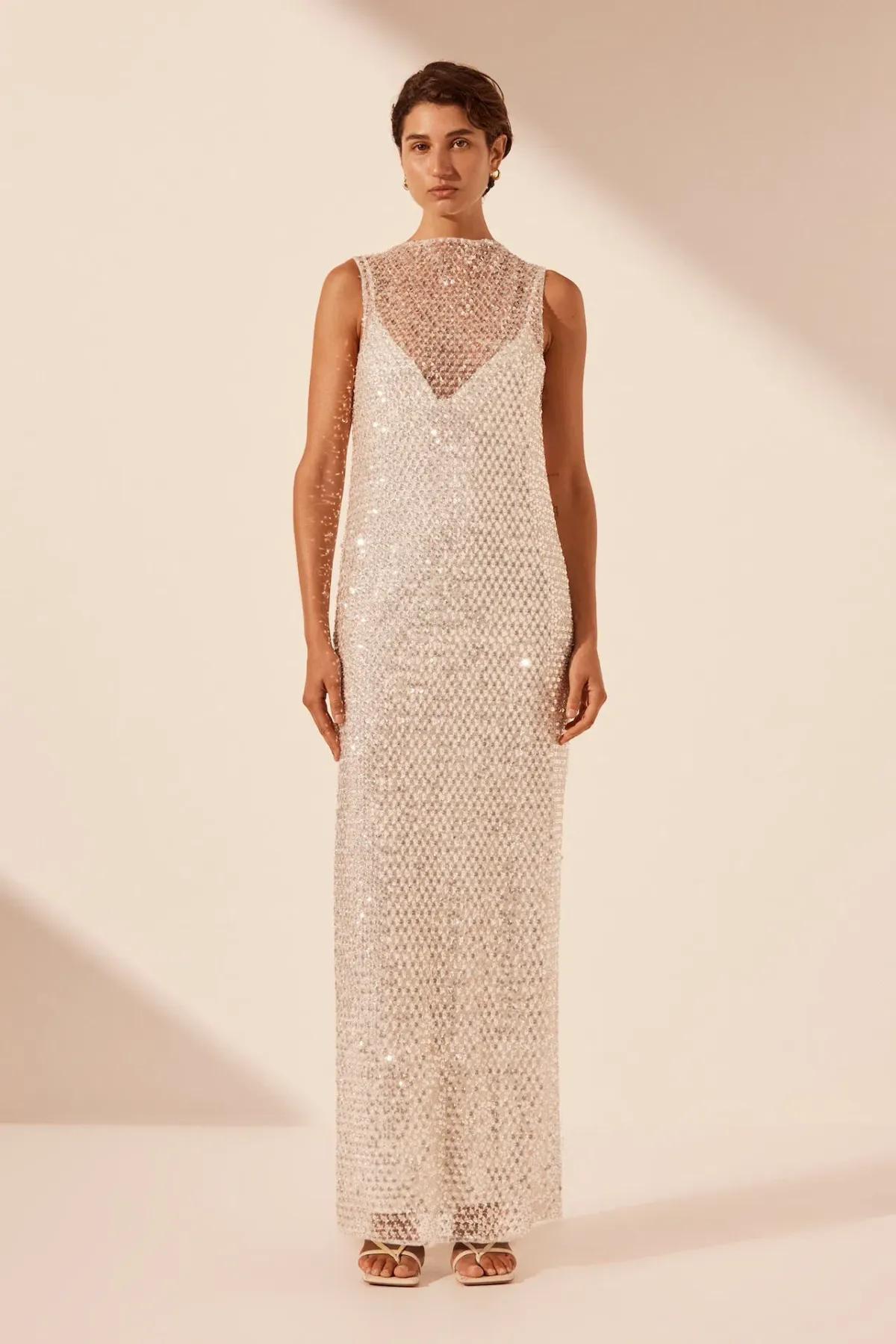 Shona Joy Asteri High Neck Sleeveless Maxi Dress Silver Size 12 for rent on The Volte - main image