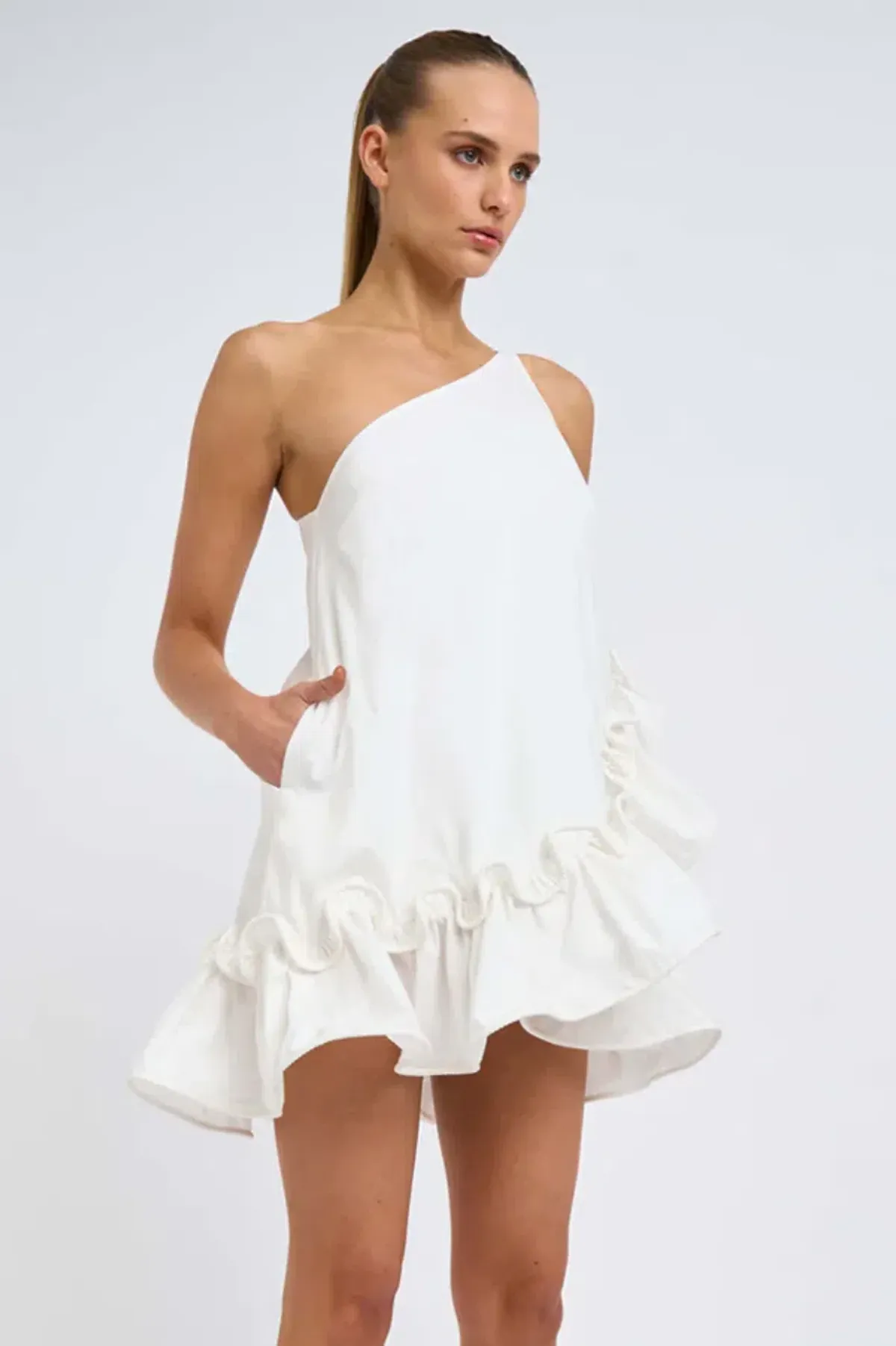 By Johnny Rope Frill Asymmetrical Mini Dress Ivory Size 12 for rent on The Volte - main image