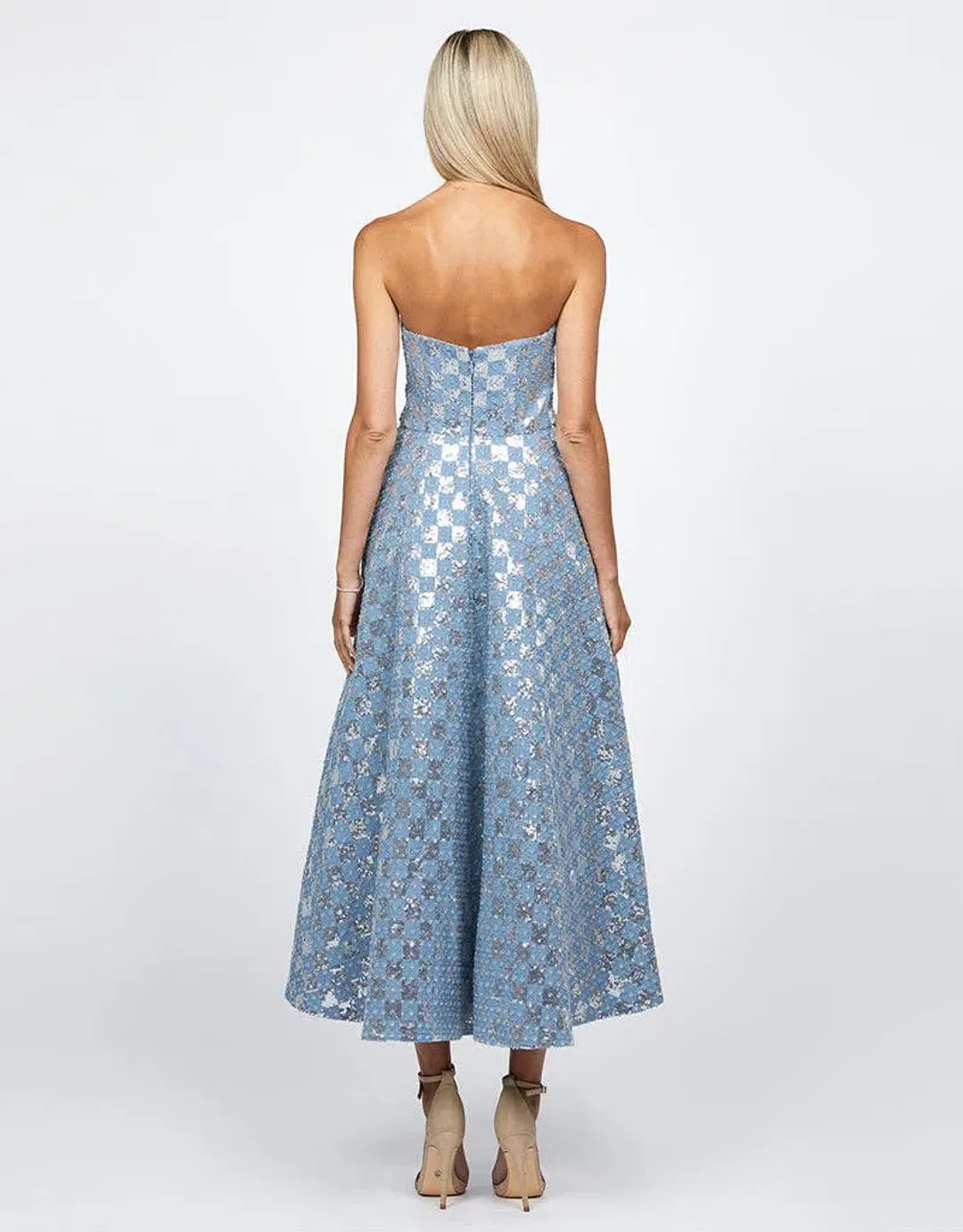 Bariano Zaharina Strapless Tea Midi Dress in Silver/Blue Size AU 6  for rent on The Volte - main image