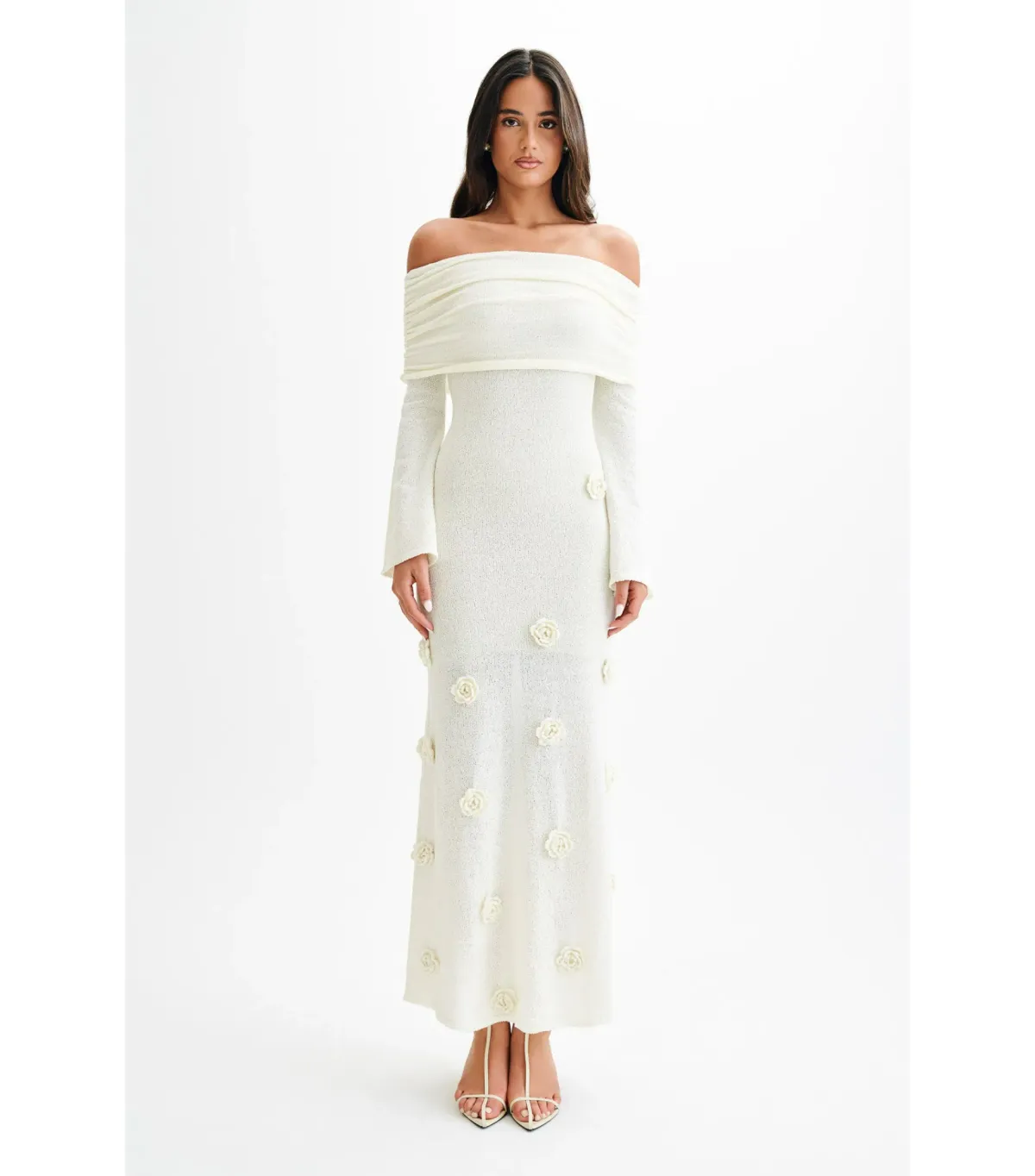 Meshki Kiki Off Shoulder Knit Rose Maxi Dress Ivory Size S / AU 8 for rent on The Volte - main image