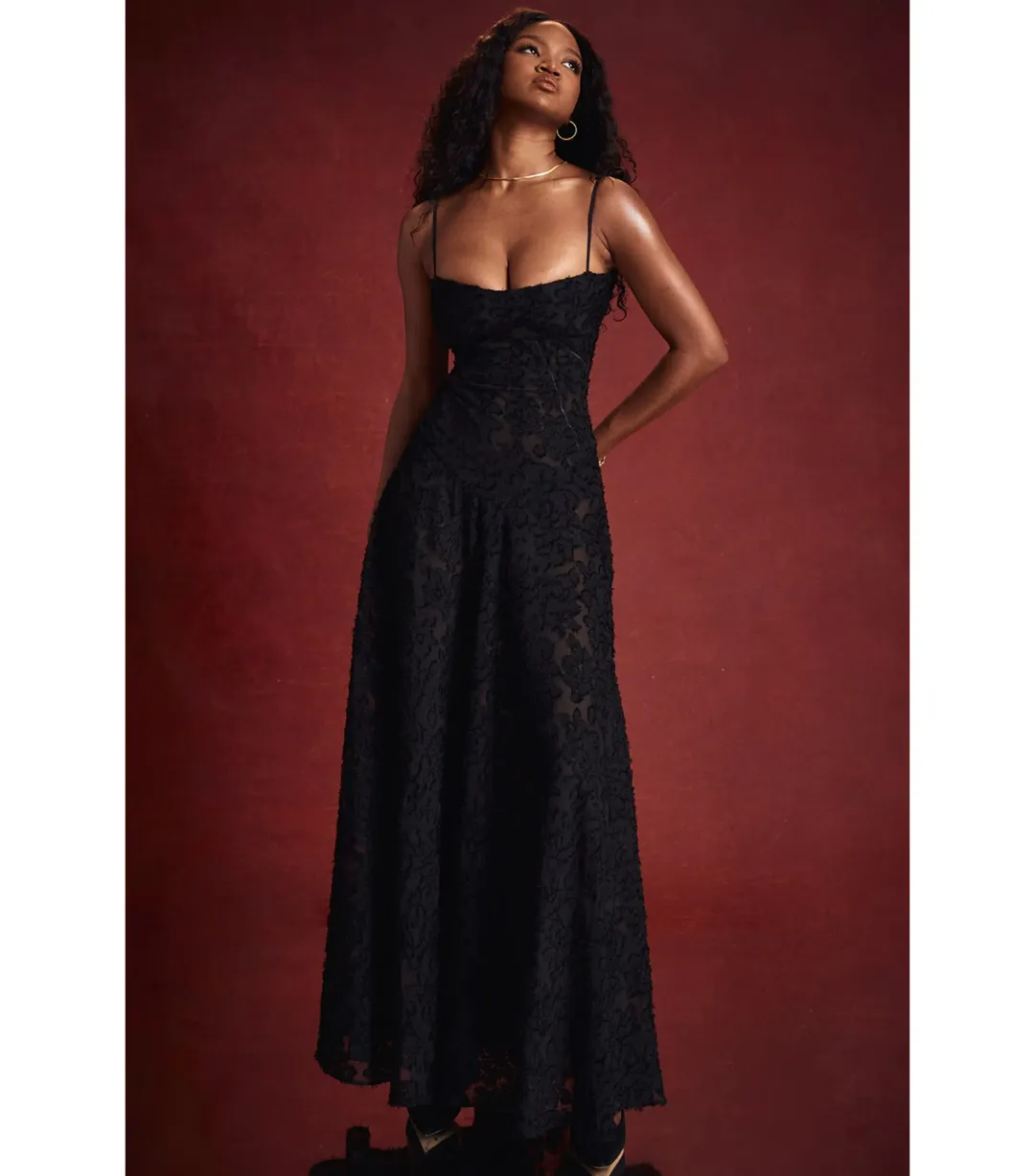 House Of CB Seren Floral Lace Back Maxi Dress Black Size AU 6 for rent on The Volte - main image