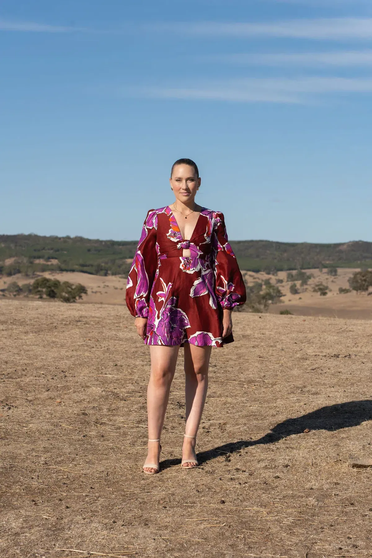 Aje Inflorescence Knot Front Mini Dress Bold Hibiscus Burgundy Size 8 for rent on The Volte - main image