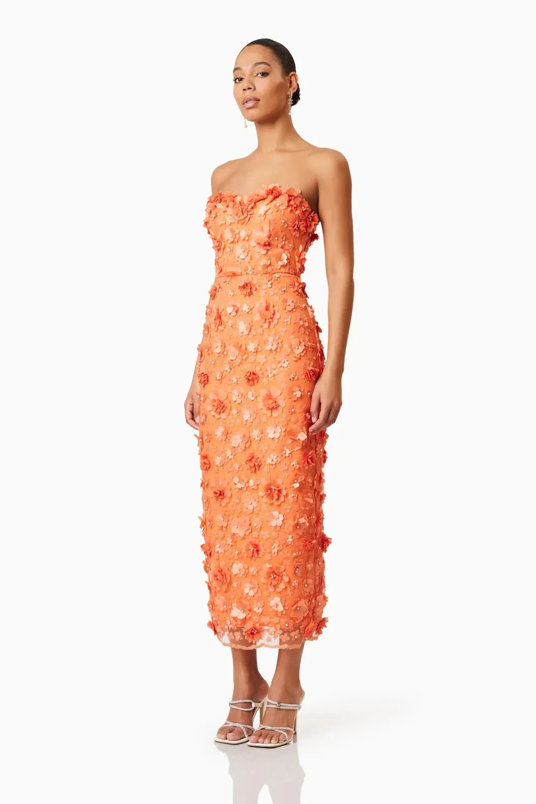 Elliatt Bluebell Strapless 3D Midi Dress Orange Size 6 for rent on The Volte - main image
