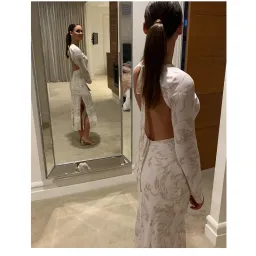 Third Form Open Back Bouquet Maxi Dress in White with Gold Flower  Size 6 for rent on The Volte - image 3