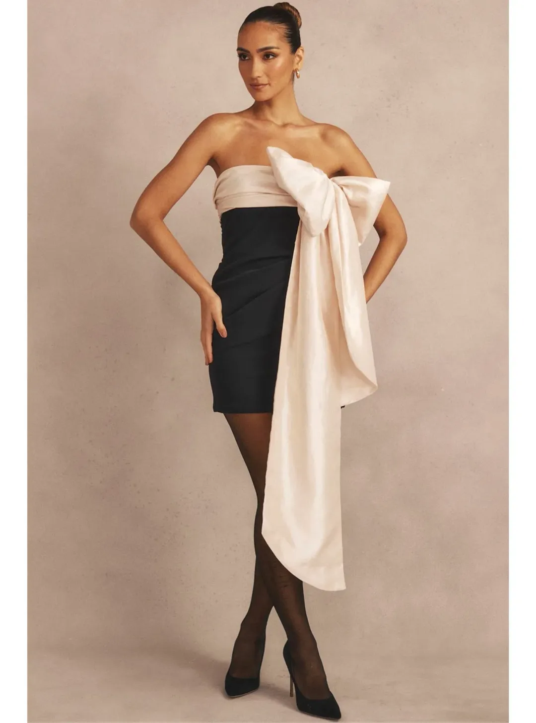 House of CB Jana Bow Mini Dress Black & Ivory Size M (AU 10) for rent on The Volte - main image
