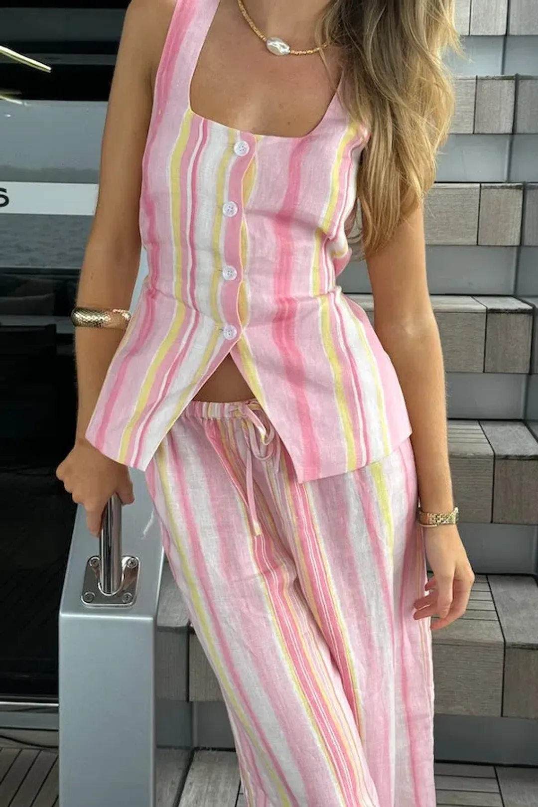 Sneaky Link Isla Linen Vest and Pant Set Pink Stripe Size XL / AU 14 for rent on The Volte - main image