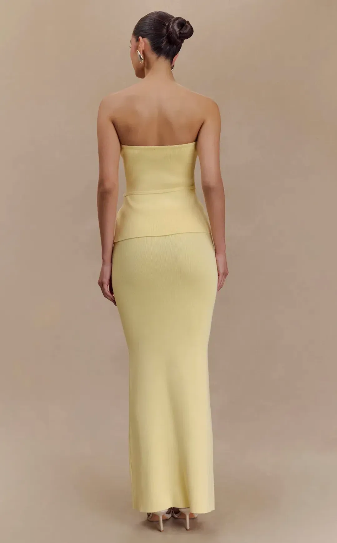 Meshki Keaton Strapless Rose Tie Knit Top and Fishtail Knit Maxi Skirt Set in Lemon Size 8 for rent on The Volte - main image