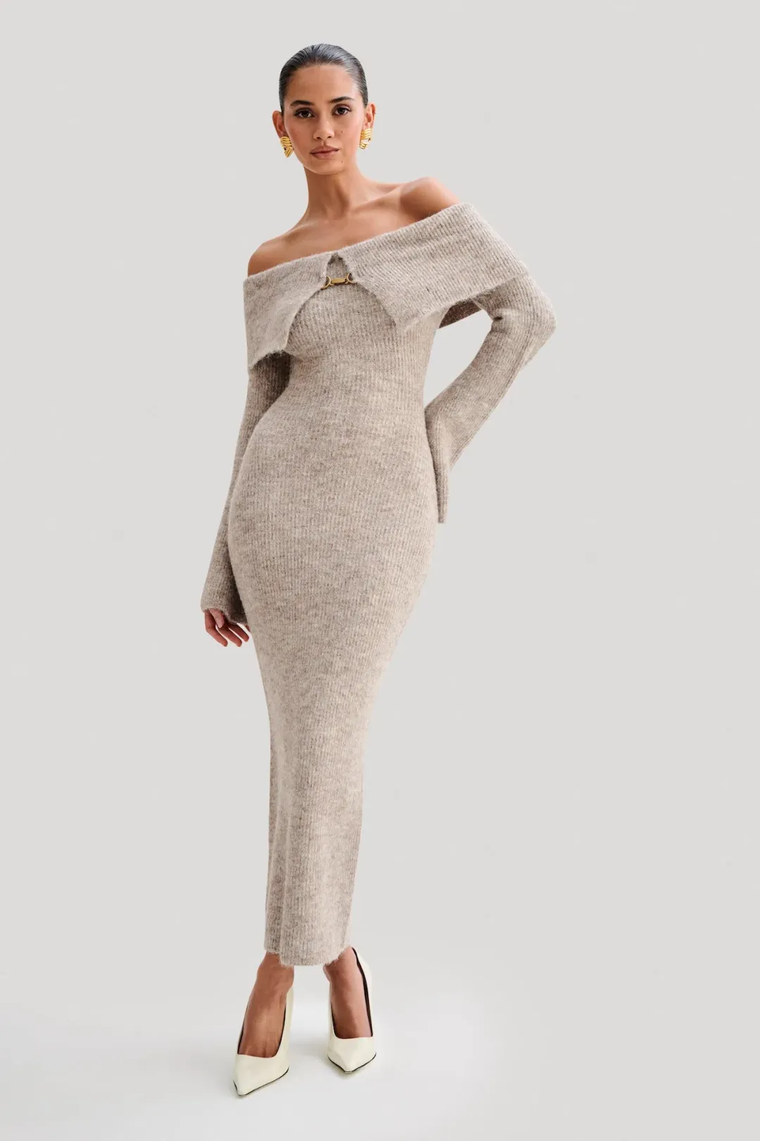 Meshki Baxter Off Shoulder Fluffy Knit Midi Dress Taupe Marle Size L / AU 12 for rent on The Volte - main image