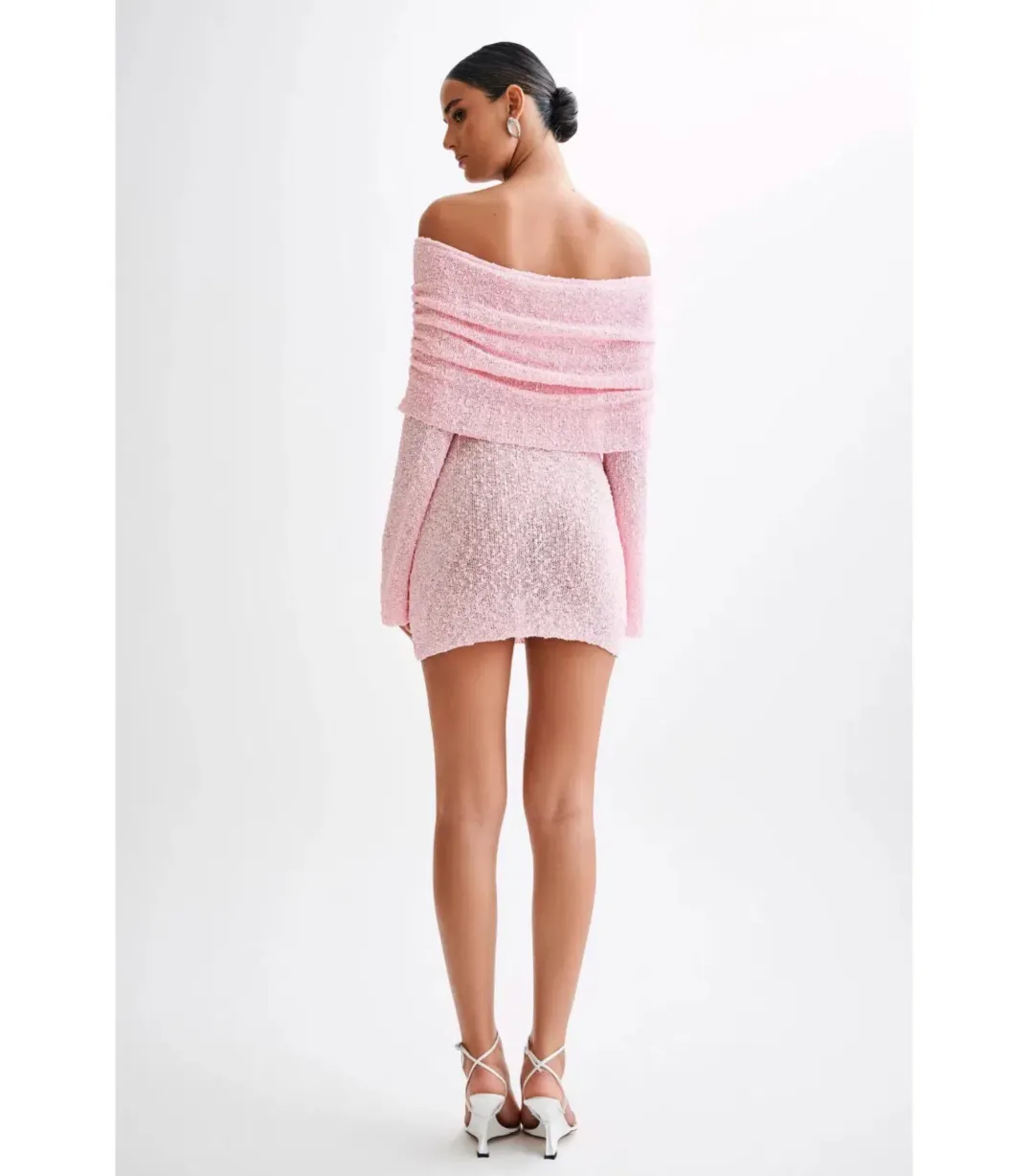 Meshki Marisol Off Shoulder Boucle Mini Dress Baby Pink Size XS / AU 6 for rent on The Volte - main image