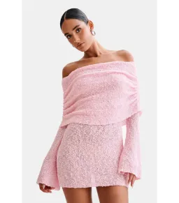 Meshki Marisol Off Shoulder Boucle Mini Dress Baby Pink Size XS / AU 6 for rent on The Volte - image 2