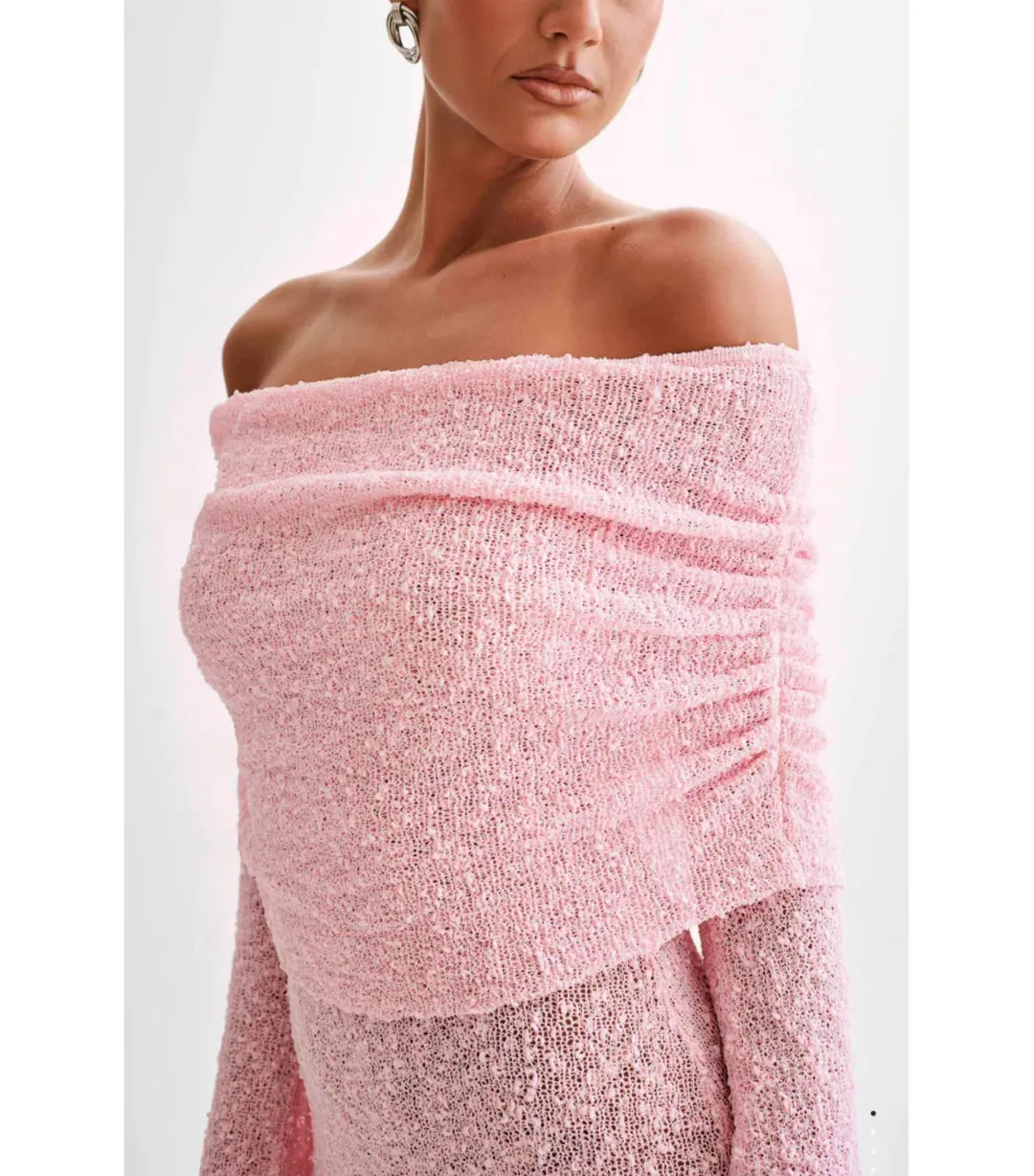Meshki Marisol Off Shoulder Boucle Mini Dress Baby Pink Size XS / AU 6 for rent on The Volte - main image