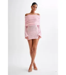 Meshki Marisol Off Shoulder Boucle Mini Dress Baby Pink Size XS / AU 6 for rent on The Volte - image 1
