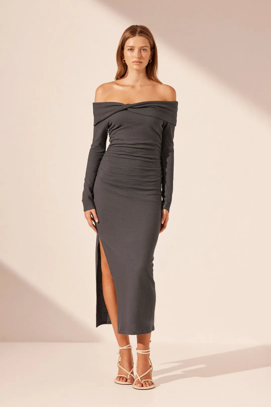 Shona Joy Beau Off Shoulder Twist Front Midi Dress in Dark Ash Size 8 for rent on The Volte - main image
