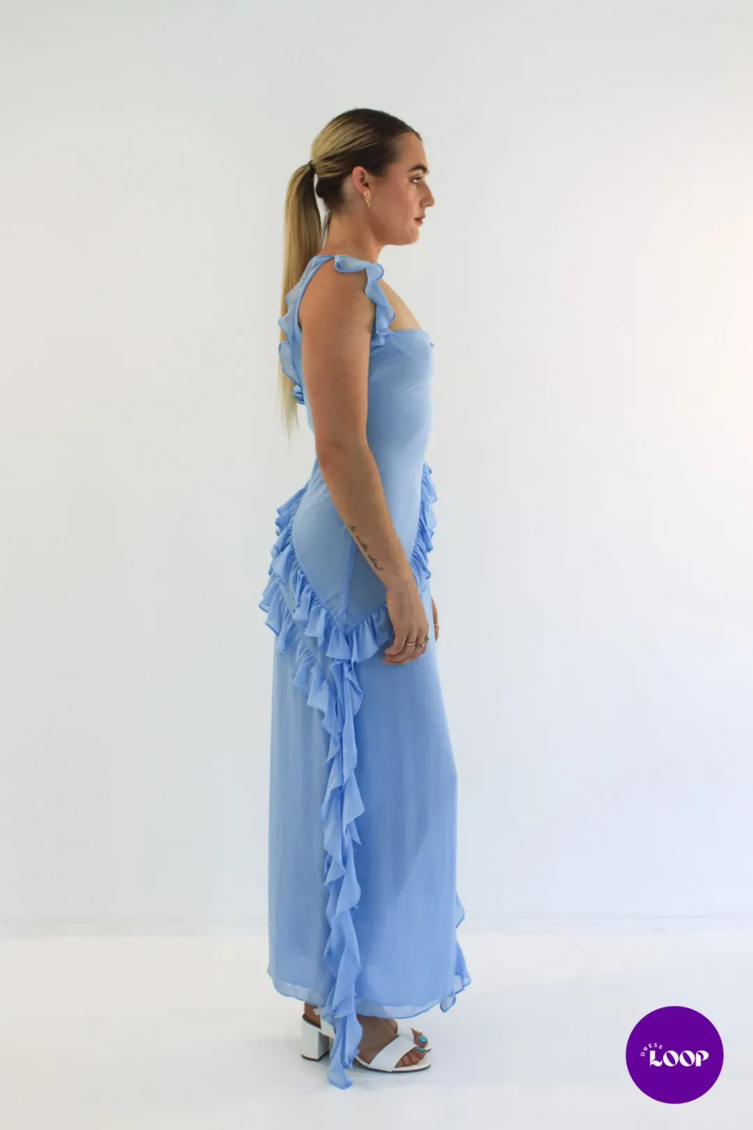 House of CB Ariela Ruffle Maxi Dress Soft Blue Size M / AU 10 for rent on The Volte - main image