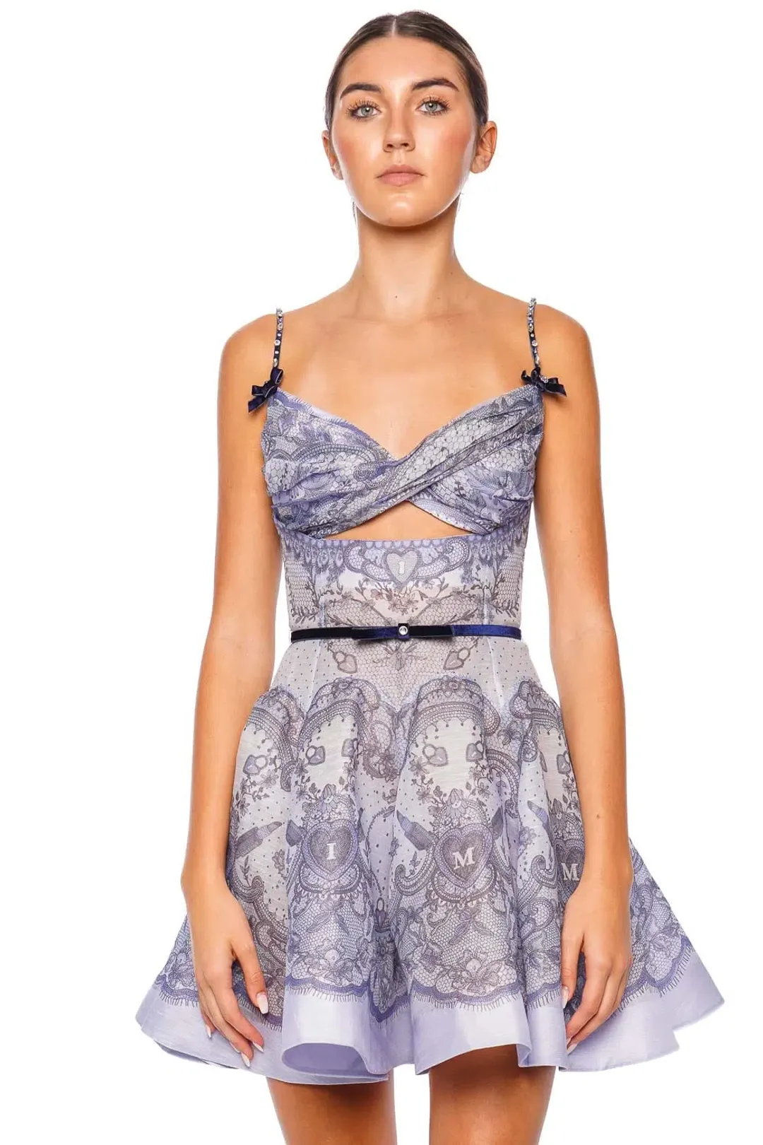 Zimmermann Crush Twist Front Mini Dress Blue Lace Print Size 3 / AU 14 for rent on The Volte - main image