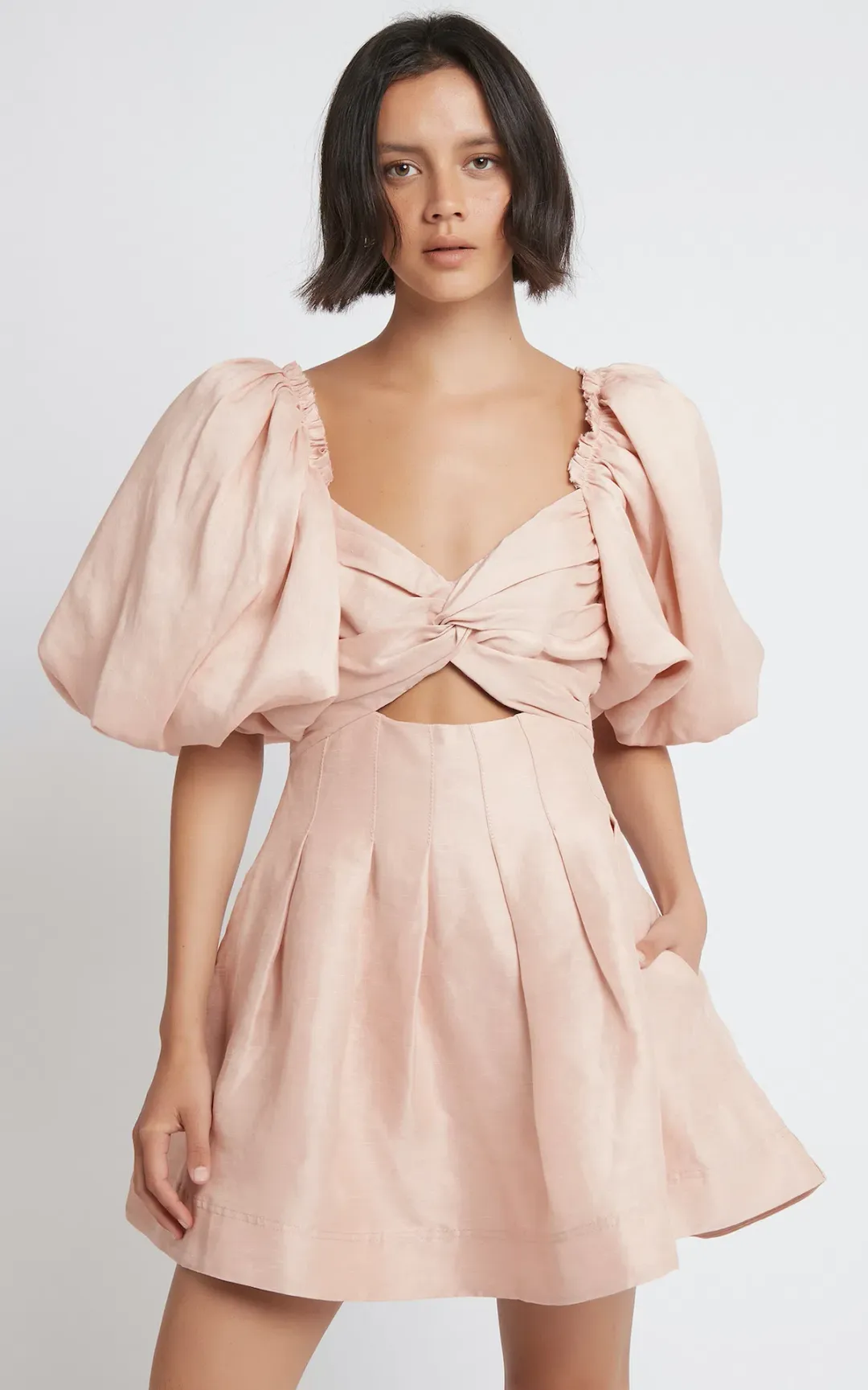 Aje Dusk Knot Puff Sleeve Mini Dress Blush Size 10 for rent on The Volte - main image