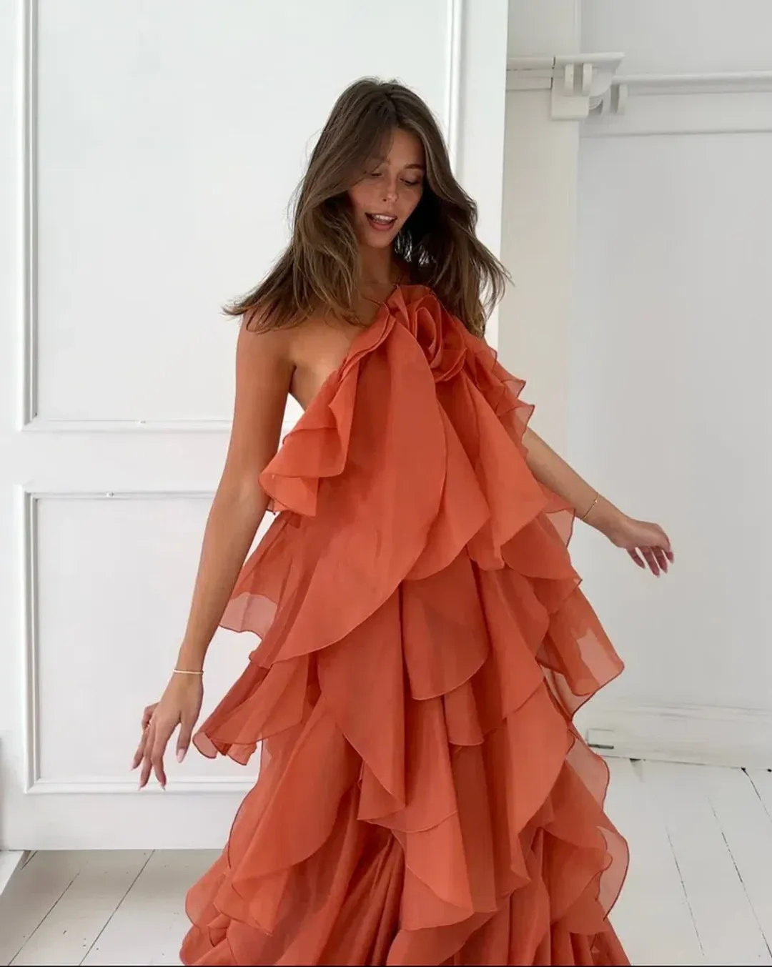 AJE Pandorea Layered Maxi Dress Coral Clay Size 10  for rent on The Volte - main image