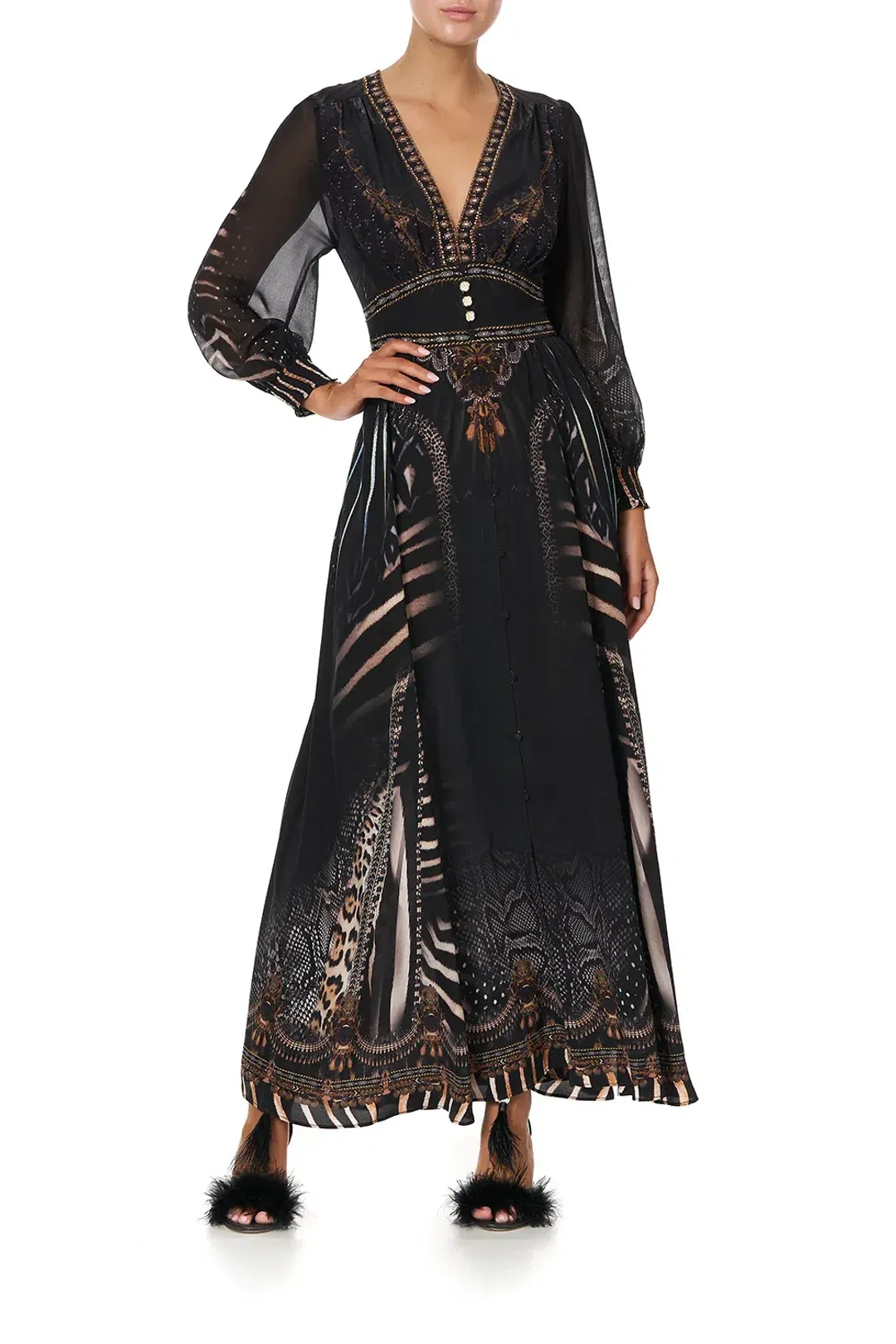 CAMILLA Silk Maxi Dress With Shaped Waistband Black Size S/Au 10  for rent on The Volte - main image