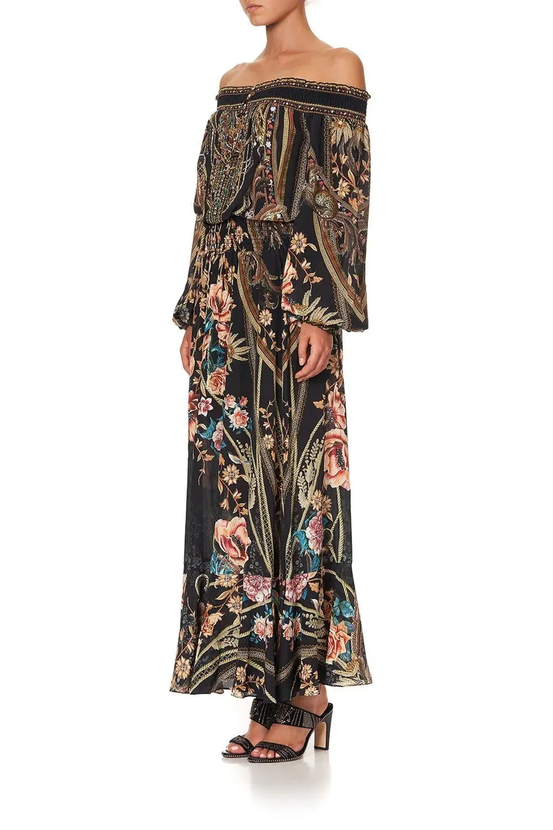 CAMILLA Off Shoulder Shirred Silk Maxi Dress Print Size S/Au 10  for rent on The Volte - main image