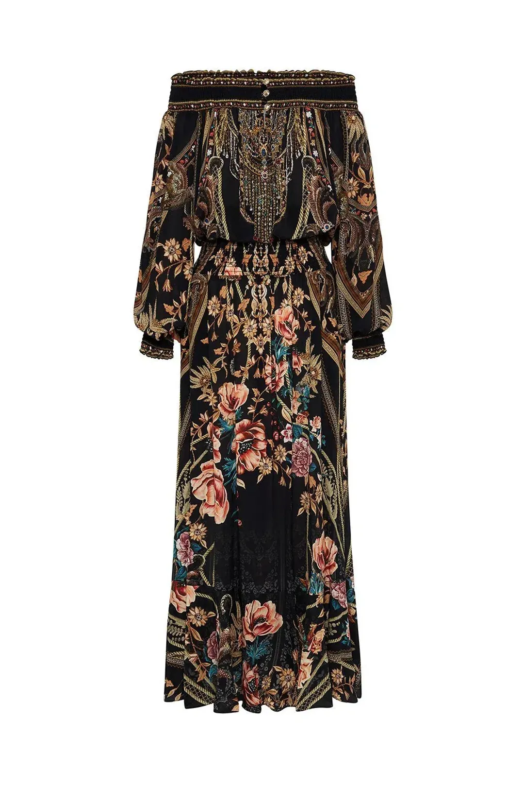 CAMILLA Off Shoulder Shirred Silk Maxi Dress Print Size S/Au 10  for rent on The Volte - main image